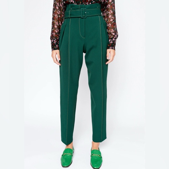Mirla Beane Pants - Mirla Beane Belted High Waist Trousers | Moss Green | Size 10